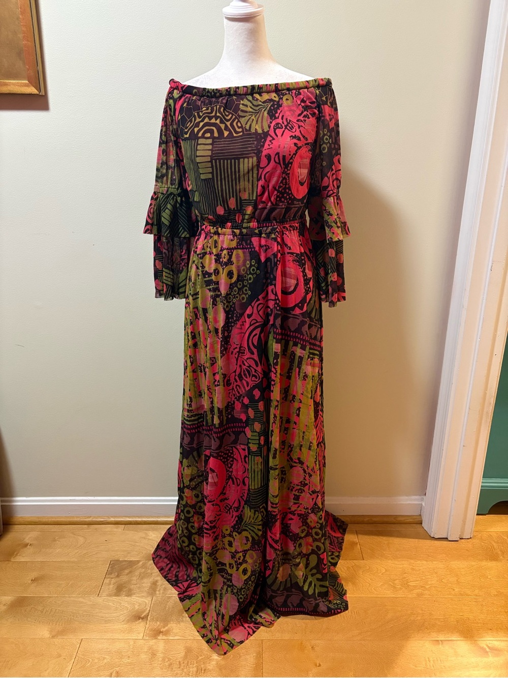 Fuzzi Italy maxi off shoulder mesh dress abstract sz M new NWOT